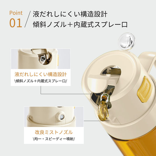 2WAY オイルボトル 500ml｜注ぎ・スプレー切替タイプ｜ガラス製 ホワイト